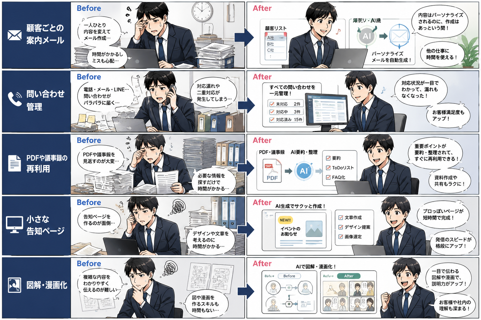 顧客メール、問い合わせ管理、PDF再利用、告知ページ、図解漫画化のビフォーアフター